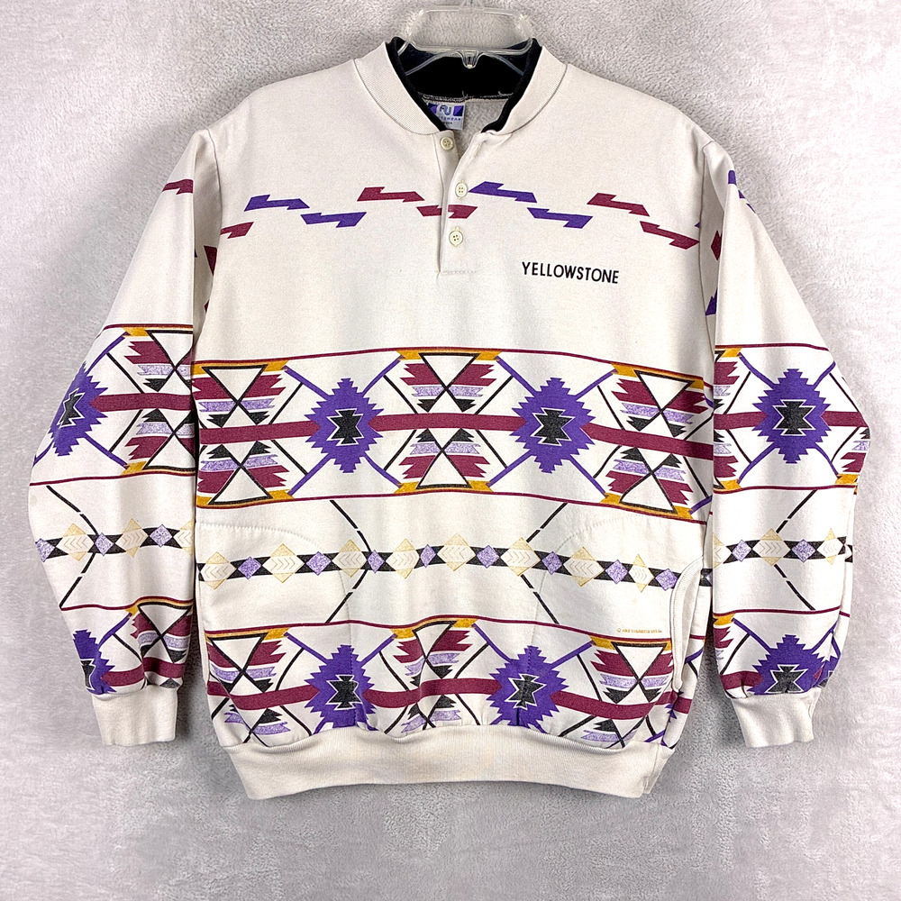 VTG Art Unlimited Sweater Men L White Aztec Yellowstone Henley Southwestern 90s